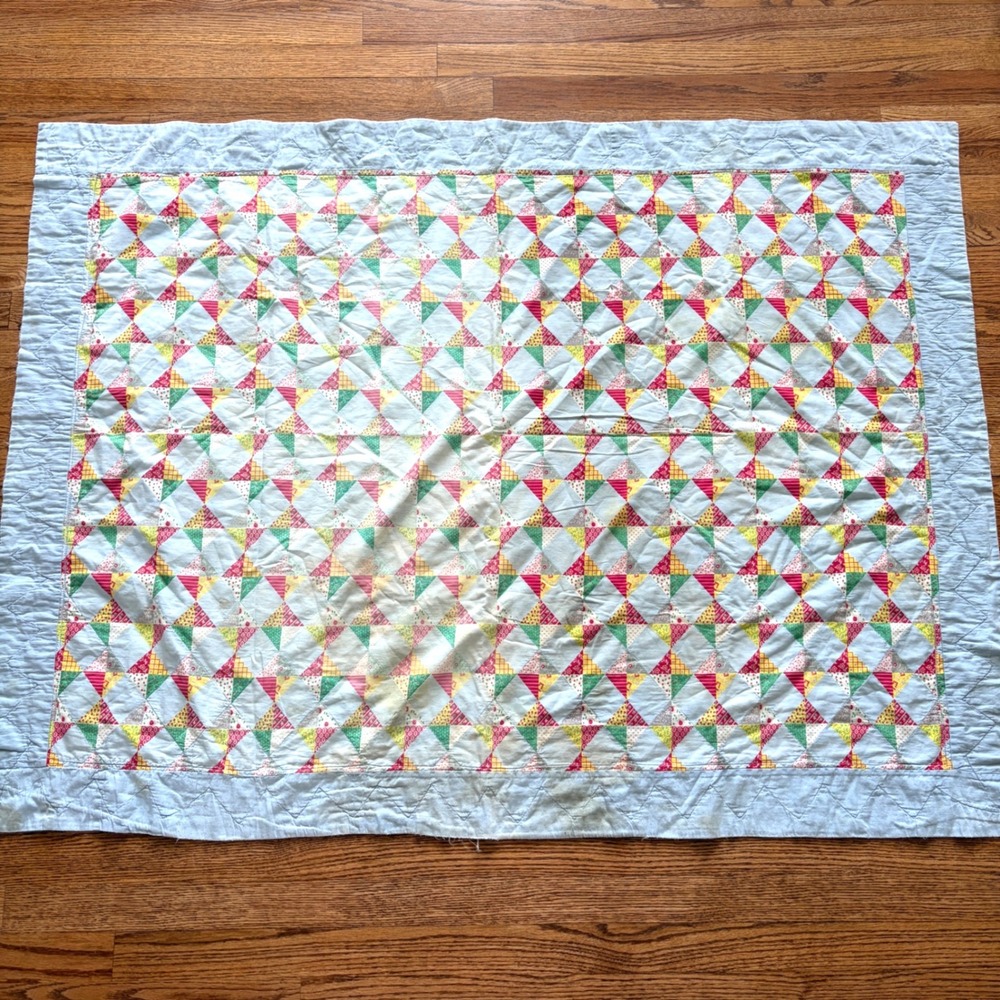 Vintage Handmade Patchwork Baby Quilt Blue Red Yellow Triangle Antique 53x41